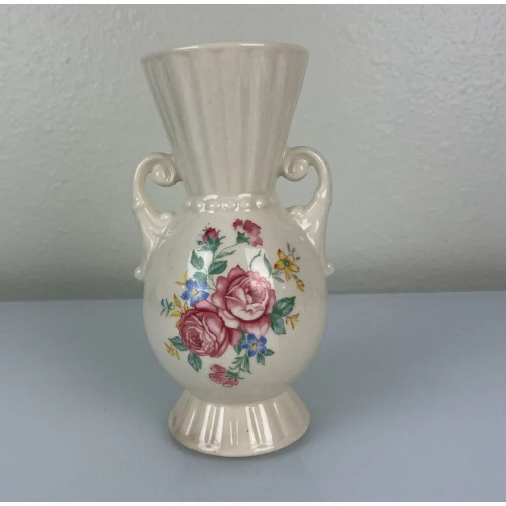 Vintage Royal Copley Beige Rose Floral Handled Vase, Mid-Century Pottery Ceramic